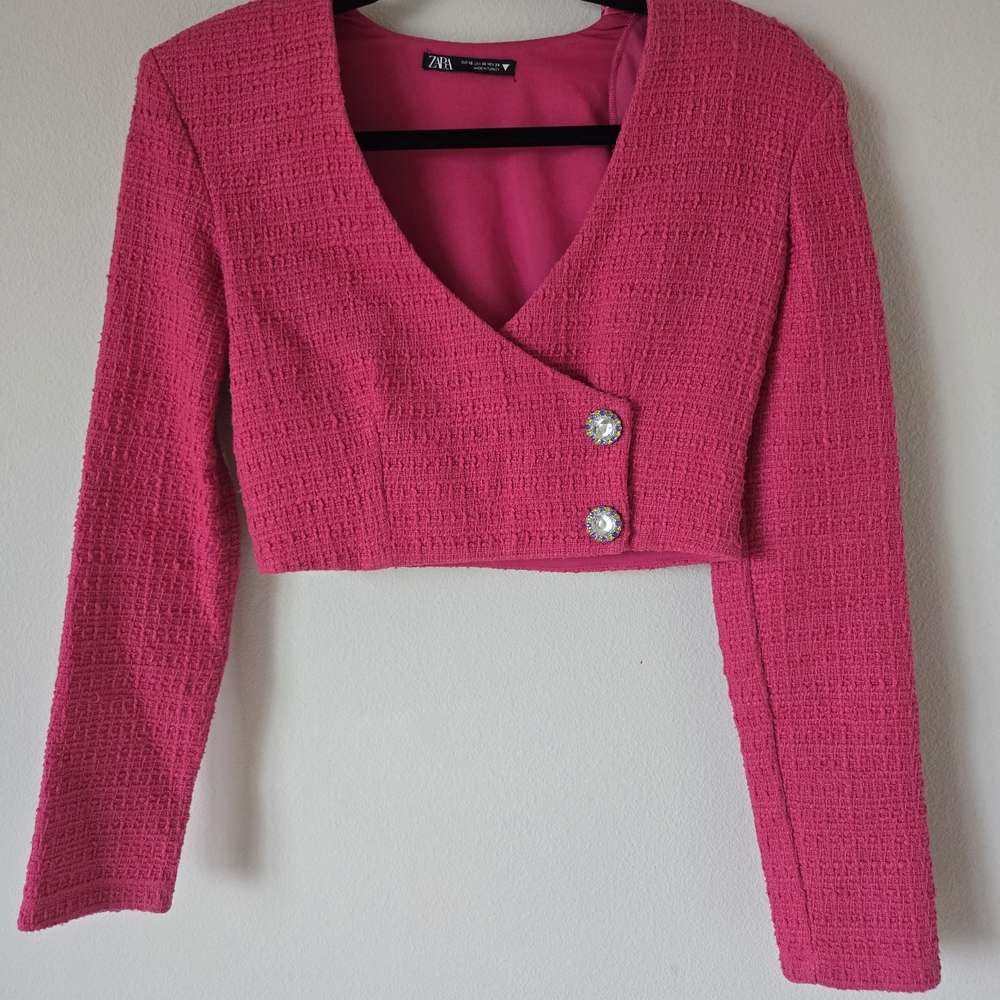 Pink Cropped Blazer with Button Detail